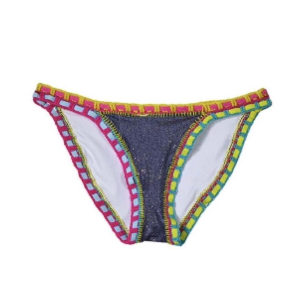 PILYQ Sparkle Denim Rainbow Stitch Trimmed Bikini Bottom Sz. 14 NEW